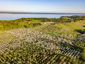 Aerial view of farm in Traverse City Old Mission's Peninsula.