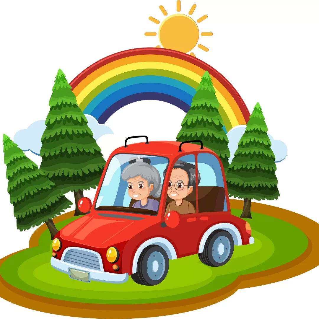 Road Trip in the Upper Peninsula. Cartoonish drawing of an older couple in a car by pine trees with a rainbow and sun behind them.