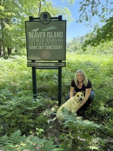 Melissa F. Kaeling,  Michigan Aurora Chasers Founder at the Sanctuary with Elio,  the Aurora Dog. 