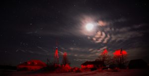 Orion, Hyades, Crescent Moon, Pleiades. Stars Over CMU Boathouse illustrate the celebrated darkness, even in the downtown harbor. Photo Courtesy of Cynthia Hector Johnson